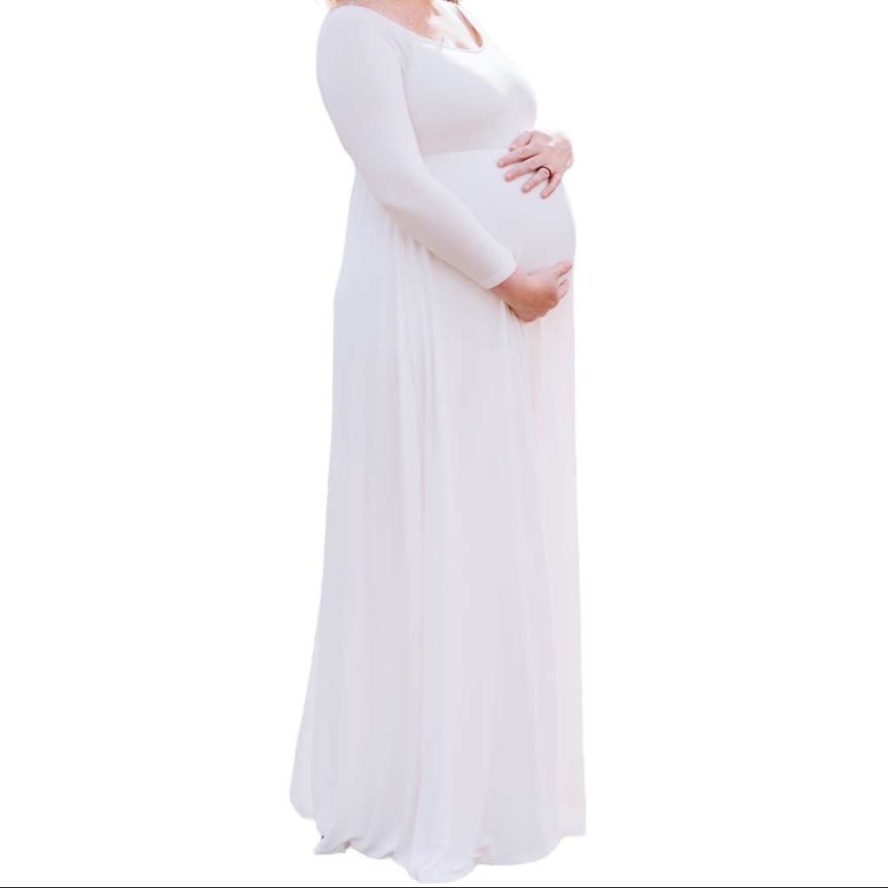 PinkBlush Ivory White Cream Solid Off Shoulder Maternity Maxi Dress